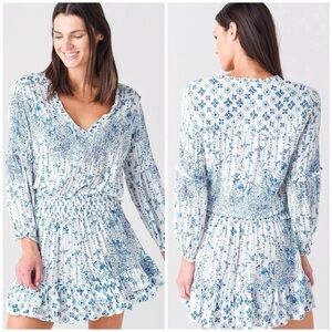 NWOT Poupette St Barth Ilona Long Sleeve Printed Mini Dress Blue Parrot Large